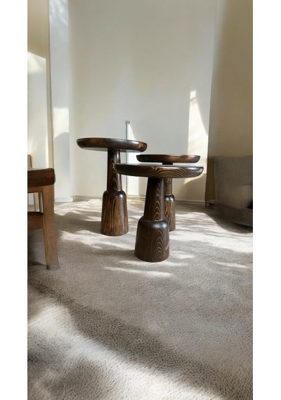 Wood Ahşap 3 Lü Set Ürgüp Mantar Yan Sehpa Konik / Ceviz Renk