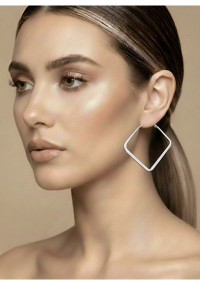 Kare Model Halka Silver Renk Çelik Küpe 5,5cm Gümüş