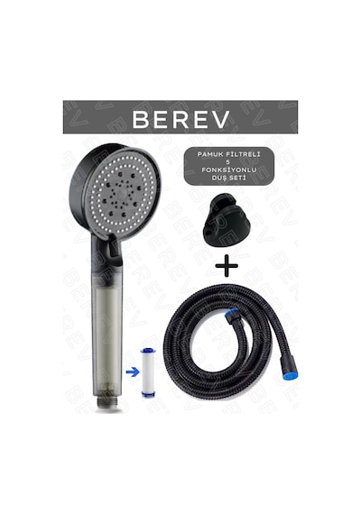 Berev  Filtreli 5 Fonksiyonlu Siyah Yüksek Basınçlı Ayarlanabilir Duş Başlığı 150 Cm Siyah Hortum Mafsallı Set Siyah