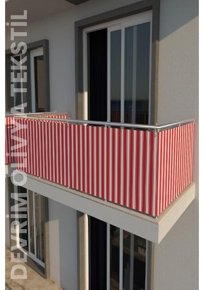 Devrim Olivya Tekstil Kırmızı - Beyaz Dört Tarafı Bağcıklı Balkon Demiri Perdesi - Her Ölçüde En X Boy Seçenekli Kırmızı - Beyaz