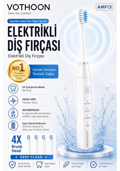 Şarjlı Diş Fırçası 15000 Vpm Titreşim Gücü, 500mah Batarya, 5 Temizlik Modu Beyaz