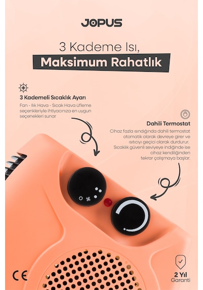 Jopus 2000W Elektrikli Fanlı Isıtıcı, Termostatlı, Sıcak-Soğuk Hızlı Isıtma, 25 m² Alan Kapasitesi - Somon