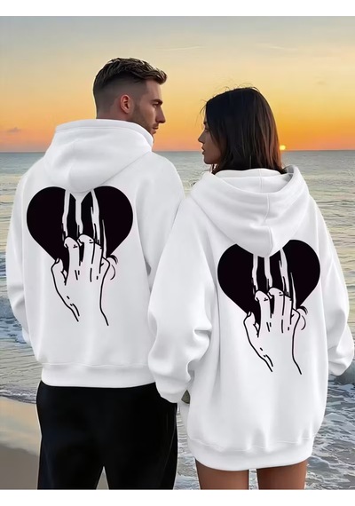 Nevermind Sevgili Çift Kombini 2 Li Kalp Ve Pençe Desenli Unisex Sweatshirt Beyaz