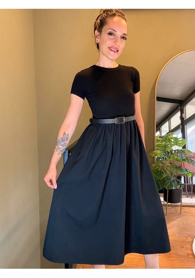 Ali Butik Siyah Kemerli Basıc Midi Elbise