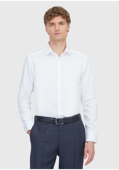 Ramsey Beyaz Düz Slim Fit Uzun Dokuma Klasik %100 Pamuk Gömlek beyaz white