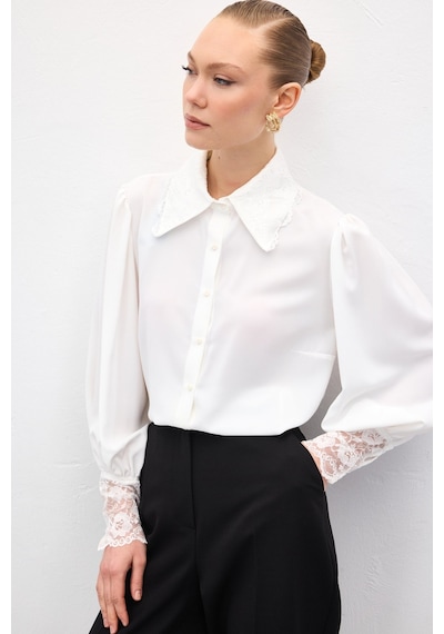 Sateen Dantel Manşetli Gömlek - Ekru-137049 ekru