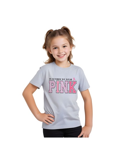 Panios Kids We Wear Pink Baskılı Kız Çocuk Kısa Kollu T-shirt Gri