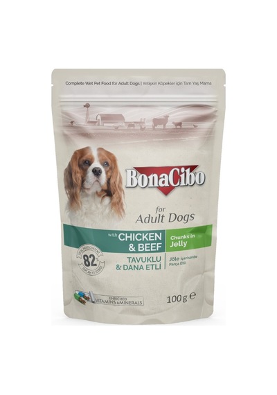 BonaCibo Jelly Tavuklu & Dana Etli Pouch Yetişkin Köpek Maması 100 G