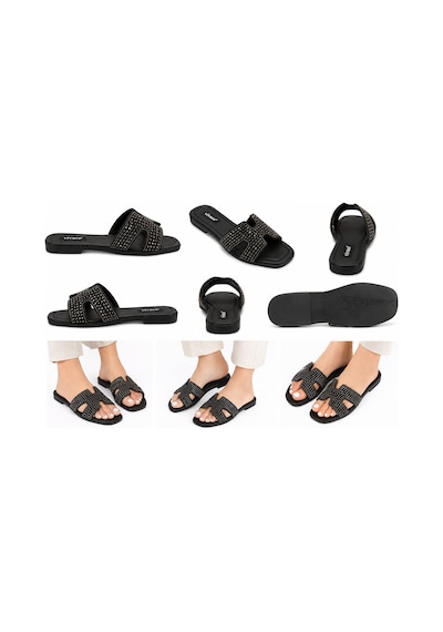 N Napa Shoe Np.1050.gümüş Taşlı Kadın Siyah Taşlı H Bant Düz Terlik Günlük Şık Ve Konforlu Yazlık Terlik