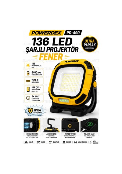 136 Led Şarjlı Projektör Fener 6400 Mah Type-c Usb Powerbank Özellikli Su Geçirmez Mıknatıslı Kamp Ş Çok Renkli