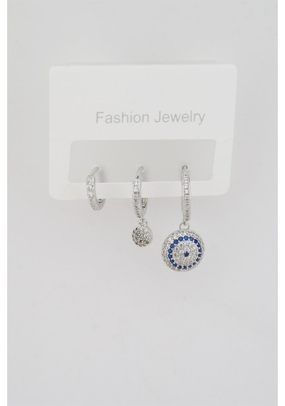 Kadın Altın Kaplama Zirkon Taşlı Nazar Figürlü 3'lü Küpe Seti Altın