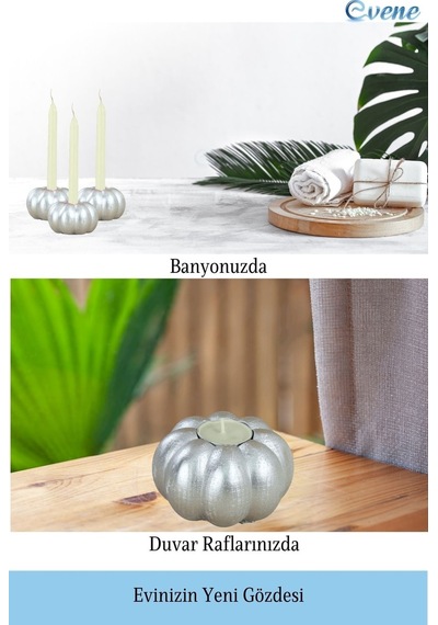 Eskitme Mumluk Şamdan 3 Adet Tealight Ve İnce Mum Uyumlu Kabak Model - Gümüş