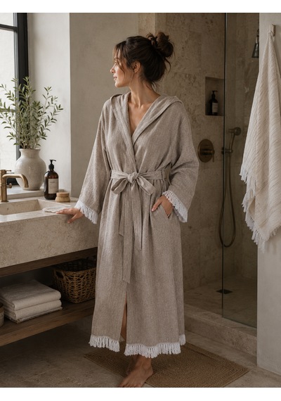 Aquatolıa Muslin Düz Desen Plaj, Sauna, Spa, Banyo Amaçlı Bornoz. Kahverengi