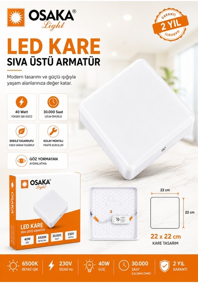 1 Adet Osaka 40w Kare Sıva Üstü Armatür Beyaz Işık 6500k
