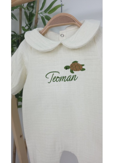 Gros Shop Müslin Yeni Doğan 4katlı Organik %100pamuk Kişiye Özgü Nakışlı Hastane Çıkış Seti Kablunbağa Model Ekru-1