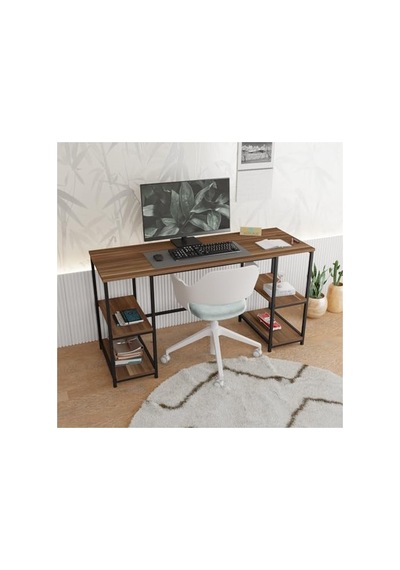 140x50 Cm Boyutunda Kitaplıklı Modern Çalışma Masası, Ceviz-siyah Renk 120x60