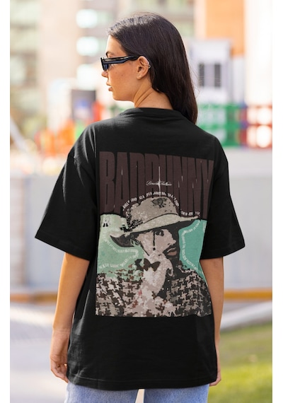 Özel Tasarım Bad Bunny Sırt Baskılı Unisex Oversize Rapper Şarkıc Siyah