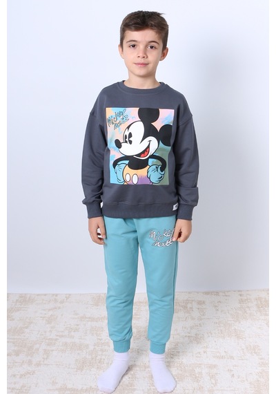 Hçm Erkek Çocuk Eşofman Takımı Mickey Mouse Baskılı Ribanalı F4 Turkuaz