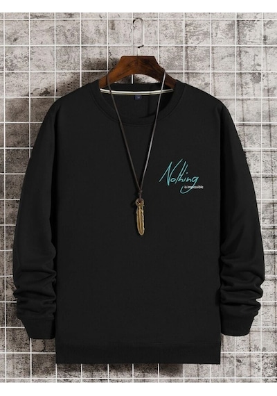 Unisex Oversize Nothing Baskı Bisiklet Yaka Siyah Sweatshirt Siyah