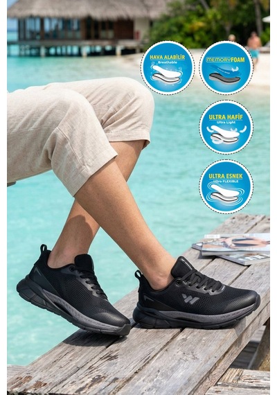 Walkway Siyah-koyu Gri Hafızalı Taban İthal Fileli Hafif Esnek Erkek Spor Ayakkabı Relaxon M
