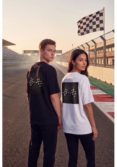 Black Nova Oversize Baskılı Unisex Tişört Race Flags Beyaz