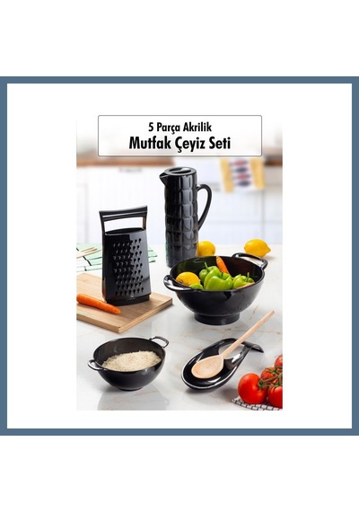 Buradabulabilirsin Akrilik Siyah 5 Parça Sürahi & Rende & Süzgeç & Mini Süzgeç & Kaşıklık & Mutfak Çeyiz Seti Bbz