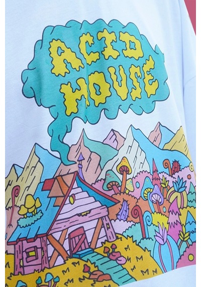 Acid House / Psychedelic Oversize Tişört Beyaz