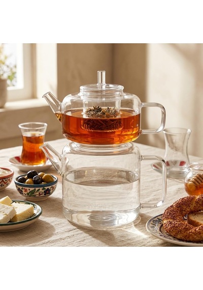 Lexroo Flat Borosilikat Cam Çaydanlık Takımı 980 Ml Demlik + 1600 Ml Alt Demlik Çok Renkli