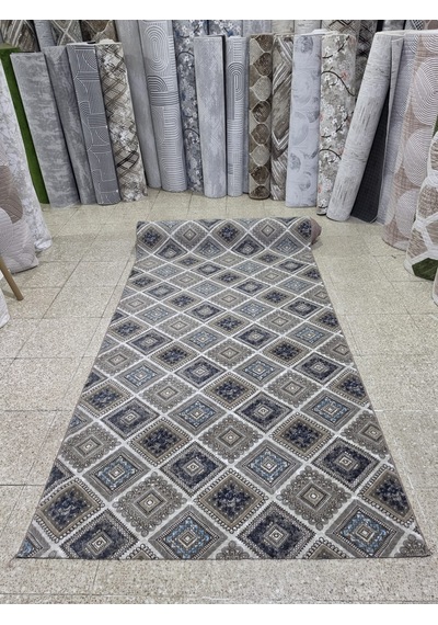 Gri Lacivert Etnik Karo Desen Kaymaz Jel Taban Yıkanabilir Koridor Mutfak Yolluk Halı