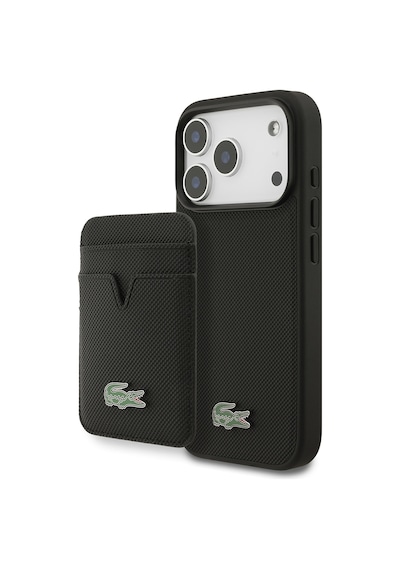 Apple Uyumlu iPhone 17 Pro Kılıf Lacoste Lisanslı M-safeli Pu Pike Desenli Metal Logolu Kartlıklı Kapak Siyah Siyah