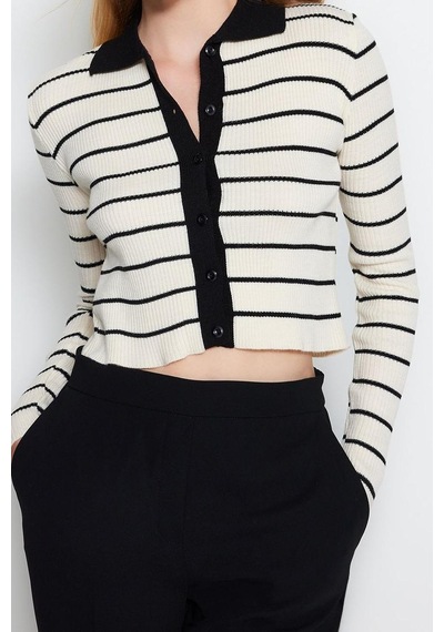 Ersefa Kadın Modern Tarz Slim Polo Yaka Crop Triko Hırka Siyah