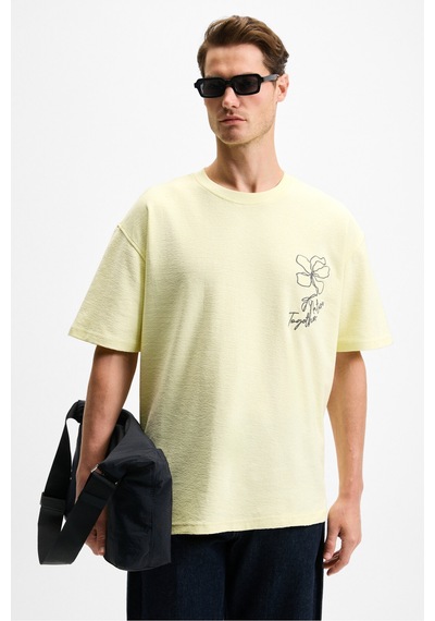 Grımelange OURFLOW Erkek Nakış Detaylı %100 Organik Pamuk Bisiklet Yaka Kısa Kollu Oversize Sarı T-Shirt