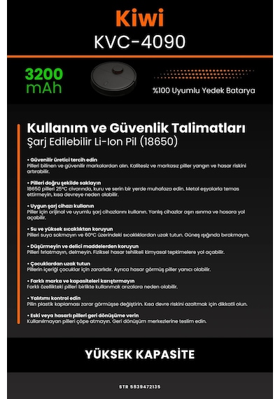 Kiwi Kvc 4090 3200mAh Robot Süpürge Bataryası