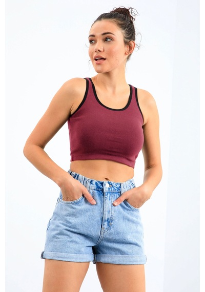 Tommy Life Bordo Basic Sıfır Kol Dar Kalıp U Yaka Kadın Crop Top Atlet - 97162 Bordo