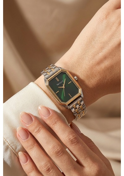 Bileklik Hediyeli Altın/metalik Yeşil Kadran Kadın Kol Saati 29 Mm Dikdörtgen Kasa 2 Yıl Garantili Rose Gold - Gümüş