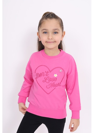 Kız Çocuk Relax Fit Bisiklet Yaka Hafif Düşük Omuz Nakış Baskılı Sweatshirt - 2 İplik Fuşya