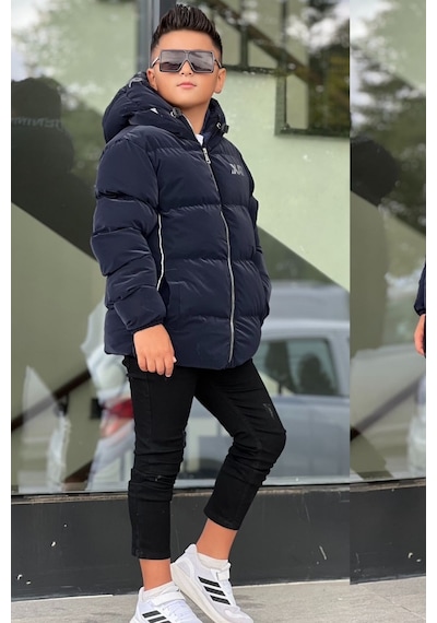Pina Kids Erkek Çocuk Kapüşonlu Baskılı Reflöktör Detaylı Nova Kumaş Kışlık Şişme Mont Km4017 Lacivert