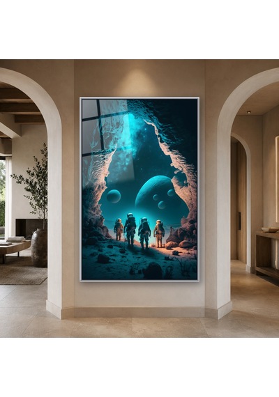 Mağaradan Gezegenlere Bakan Astronotlar Gümüş Çerçeveli Cam Tablo