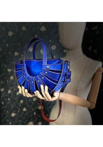Carıdea El Yapımı Hakiki Deri Bayan Çanta, Clutch, El Omuz Çantası V43 Mavi