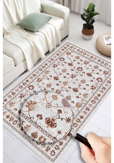 Dijital Baskılı Renkli Kilim Desenli Kaymaz Taban Yıkanabilir Halı gri