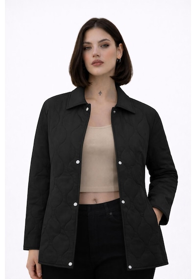 Kadın Desenli Çıtçıtlı Çift Cepli Oversize Kapitone Ceket-391 Siyah