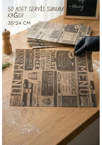 Vintage Tasarım Servis Sunum Kağıdı & Yağlı Kağıt Seti 35x24 Cm Siyah