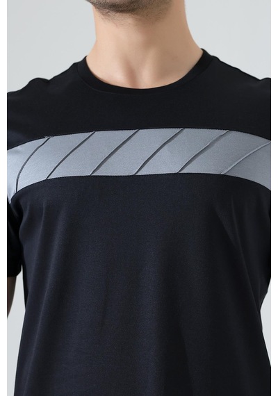 Erkek İki Renk Parçalı Bisiklet Yaka T-shirt - Pamuklu Tişört Siyah