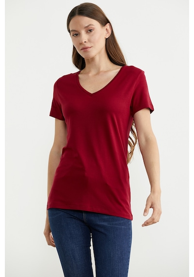 V Yaka Dökümlü Basic Tişört - Bordo