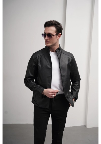 Modefendi Slim Fit Kalıp Hakim Yaka Ribanası Asimetrik Model İthal Deri Mont Siyah