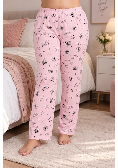 Laperissa Pembe Yiyecek Desenli Örme Büyük Beden Pijama Altı