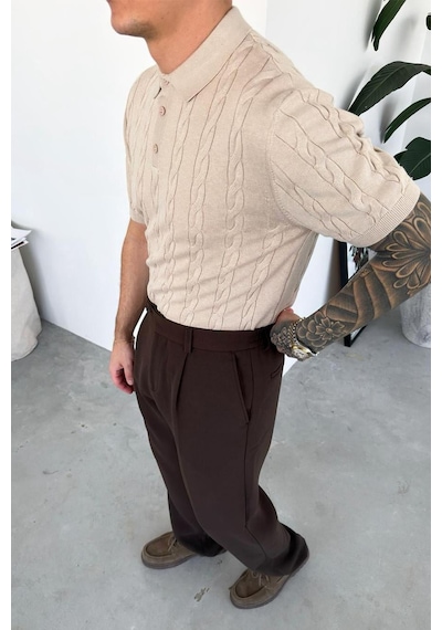Taş Örgü Desen Relaxed Triko Polo Yaka Tişört Taş