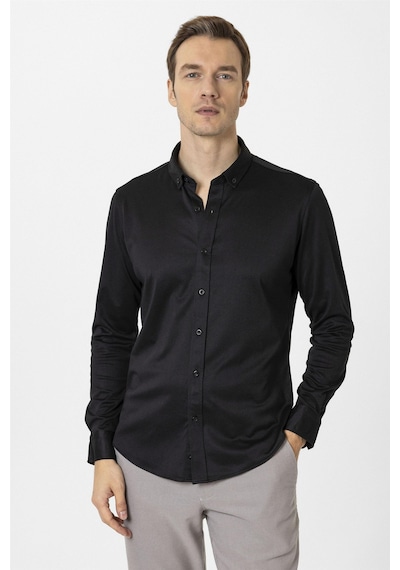 Süvari Siyah Slim Fit Armürlü Düğmeli Yaka Gömlek-34588 Siyah