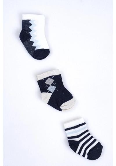 Cocole Socks Erkek Bebek Soket Çorabı 3 Lü Set Pamuklu Baklava & Zigzag Desenli Çok Renkli