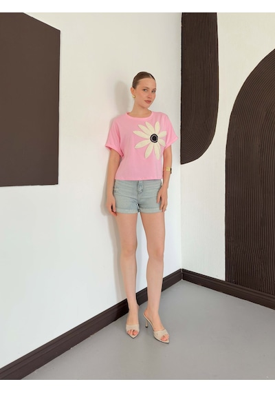 Verymoda Çiçek Detaylı Tişört D2910 Pembe